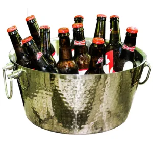 BREKX Anchored Double Walled Hammered Steel Beverage Tub Wine Chiller, Large, Silver